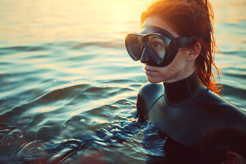 Woman with scuba mask enjoying sunset in ocean waters - obrazy, fototapety, plakaty