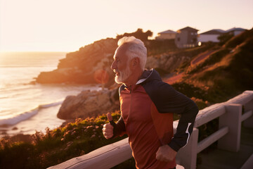 Active senior man running at sunrise by the sea
