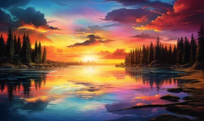 Fotobehang An image of a vibrant sunset over a serene lake, with colorful reflections shimmering on the water © Sergey