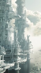 White SciFi Megastrucutre Cityscape Background created with Generative AI Technology