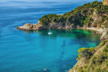 coastal Landscape with idyllic Beach at Costa Brava close to Tossa de Mar,Catalonia,mediterranean Sea,Spain