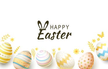 Easter holiday, hare with a basket of Easter eggs, Easter bunny and eggs. Vector illustration