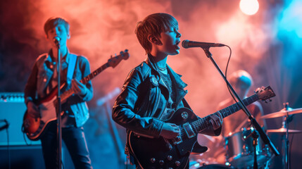 A trio of young boys passionately perform music on stage, with the lead singer in focus, microphone in hand.