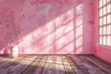 lightweight pink empty wall and wooden floor with interesting with glare from the window. Interior background