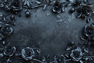 Intricate floral frame with black metal roses on dark steel background, fantasy illustration - obrazy, fototapety, plakaty