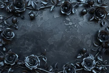 Fotobehang Intricate floral frame with black metal roses on dark steel background, fantasy illustration © furyon