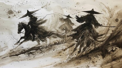 Chinese ink painting A group of men wearing black hats and robes rode on the battlefield. - obrazy, fototapety, plakaty