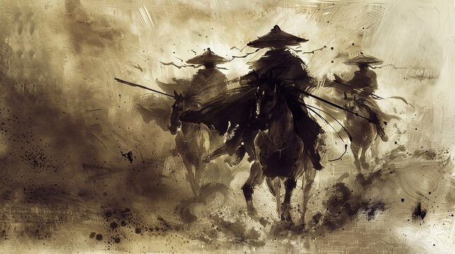 Chinese ink painting A group of men wearing black hats and robes rode on the battlefield.