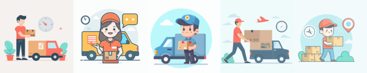 set Vector Illustration of package delivery concept - obrazy, fototapety, plakaty