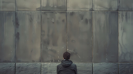 Conceptual image portraying the feeling of boredom with a person staring blankly at a wall in a mundane environment - obrazy, fototapety, plakaty