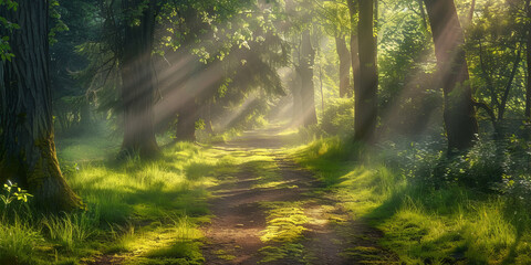 An enchanting forest path basks in the warm glow of morning sun, surrounded by vibrant green foliage and nature's silence - obrazy, fototapety, plakaty