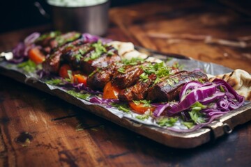 Tasty kebab on a metal tray against a pastel painted wood background