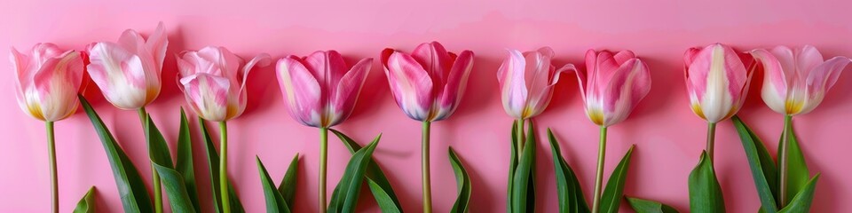 Obraz premium Pink tulips on pink background. Flat lay, top view. Banner.