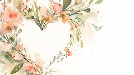  heart-shaped frame, pink flowers, green leaves on white background, text space