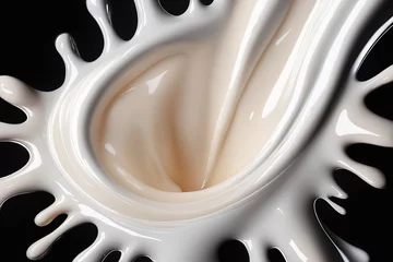 Fototapeten Realistic milk flash thick creamy milk flow from top to bottom in a dark background. Ai generated. © Sajid