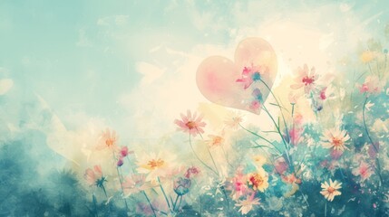  A painting of a sunlit field with a heart-shaped balloon, surrounded by vibrant flowers