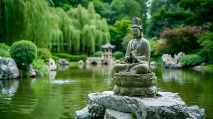sculpture asiatique en pierre à côté d'un lac dans un parc zen - obrazy, fototapety, plakaty
