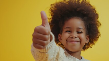 Closeup portrait of a cute attractive little child girl with a heart hairpin smiling showing thumb up over yellow background.