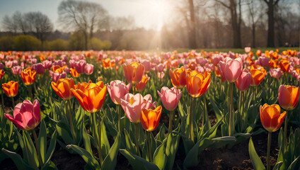 Field of Pink and Orange Tulips at Sunset