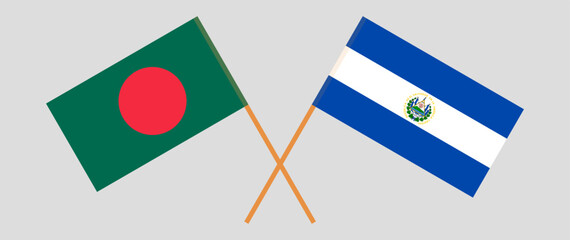 Crossed flags of Bangladesh and El Salvador. Official colors. Correct proportion