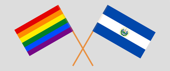 Crossed flags of LGBTQ and El Salvador. Official colors. Correct proportion