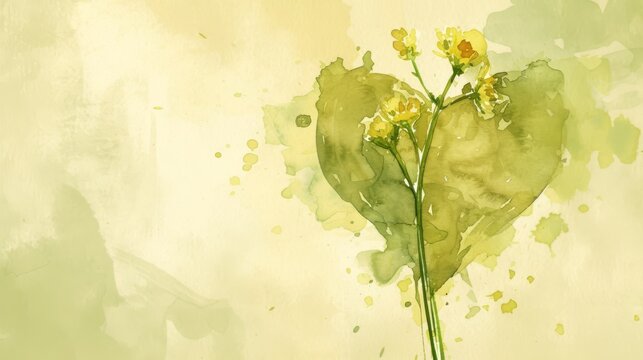  A watercolor painting depicts a plant with yellow blossoms against a green and yellow backdrop, featuring a splash of vibrant color