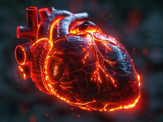 Futuristic heart with integrated nanocircuitry glowing chambers neon red pulse