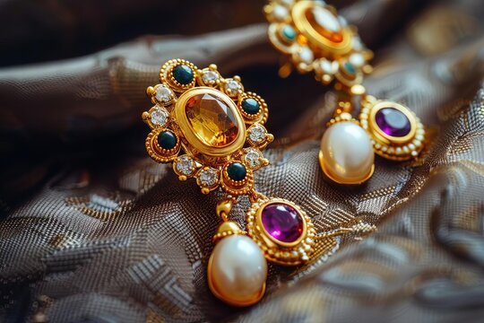 Luxury golden jewelry with precious gemstones and pearls, elegant fashion accessories - Product photo collection