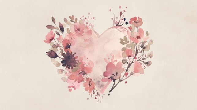 Naklejki  A watercolor depiction of a heart encircled by pink blossoms & leaves on a pristine backdrop, with love inscribed at