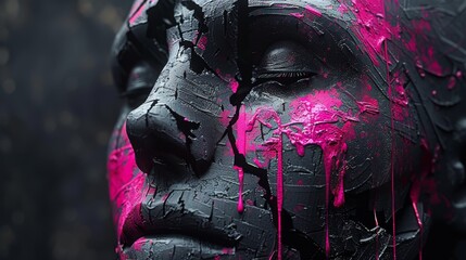  A woman's face painted in black and pink with paint drips on top