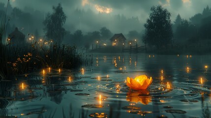  A yellow flower floats on top of a clear lake beside a dense forest of tall grass Lit candles illuminate the scene, casting flickering shadows on the surrounding trees