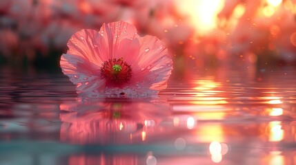  A pink flower floating on a body of water beneath a tree-lined sky, bathed in sunlight