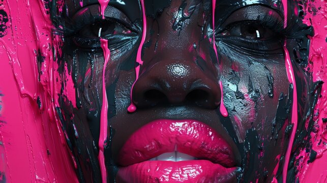  Close-up image of woman's face with pink and black makeup on her lips