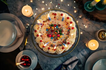 Gourmet Holiday Cake Adorned with Berries and Lit Candles, Festive Setting