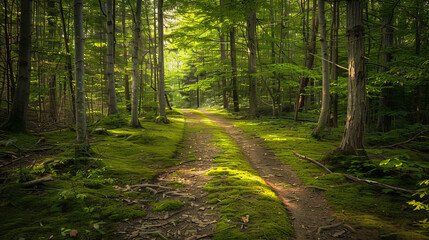 Obraz premium A serene trail meanders through a lush forest, with vibrant green moss and dappled sunlight casting an enchanting atmosphere