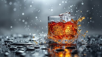  A black-and-white glass of whiskey on ice with splashed water, on a contrasting table background