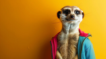 Stylishly dressed meerkat posing against a vibrant solid background - obrazy, fototapety, plakaty