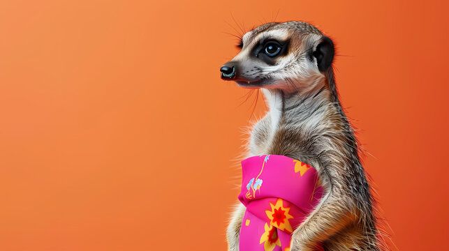Stylishly dressed meerkat posing against a vibrant solid background