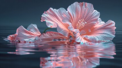  A photo of a close-up flower in water reflecting itself on the water's surface