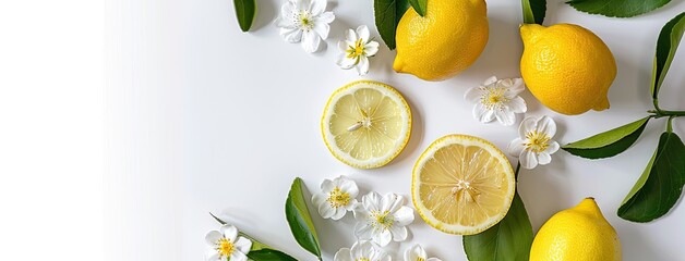 a fresh lemon and delicate jasmine flowers, scene set against a pristine white background with...