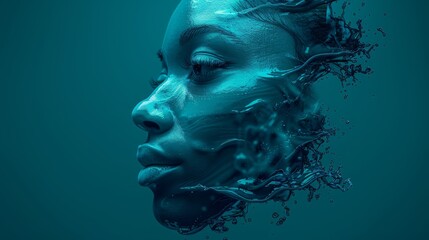  A woman's close-up face, with water splashed, on a blue background