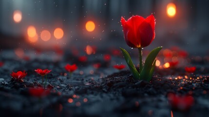  A solitary red tulip stands amidst a sea of red tulips in a fuzzy image - obrazy, fototapety, plakaty