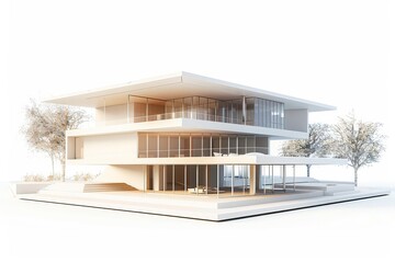 Modern 3D house model with a sleek, minimalist design, isolated on a white background, architectural visualization