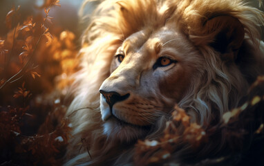 Figure of a lion in close-up portrait style. Autumn colors.