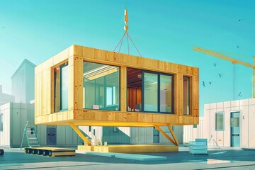 Fototapeta na wymiar Modular wooden office building under construction, sustainable architecture using prefabricated elements, digital illustration