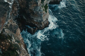 Overhead Shot of Waves Crashing on Cliffside with Vivid Blue Waters