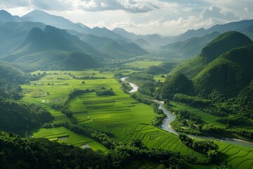 Breathtaking Aerial View of Verdant Valley and Meandering River