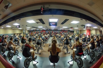 Energetic Indoor Cycling Class Full of Participants in Action - obrazy, fototapety, plakaty