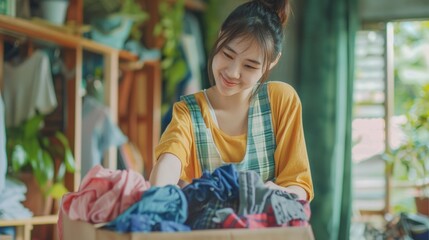 Asian woman packing objects for donation, helping charity and needy people with second-hand clothes. - obrazy, fototapety, plakaty
