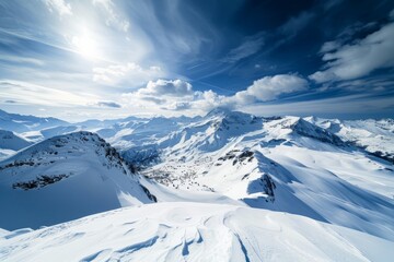 Fototapeta na wymiar Snow-Capped Peaks Under Clear Skies, Wide Angle Shot
